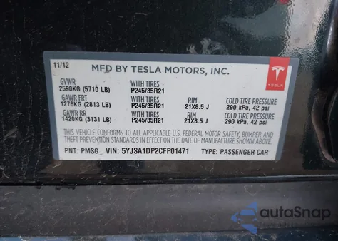 2012 Tesla Model S Performance/Signature Performance из США, поврежденный, VIN 5YJSA1DP2CFP01471